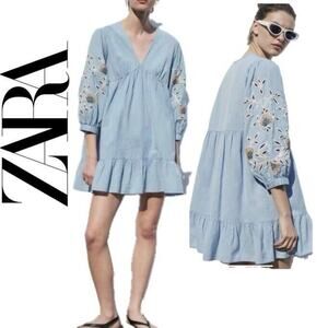 ZARA MINI DRESS DENIM 3/4 SLEEVE HOLLOW OUT EMBROIDERED RUFFLE Sz S EMBELLISHED